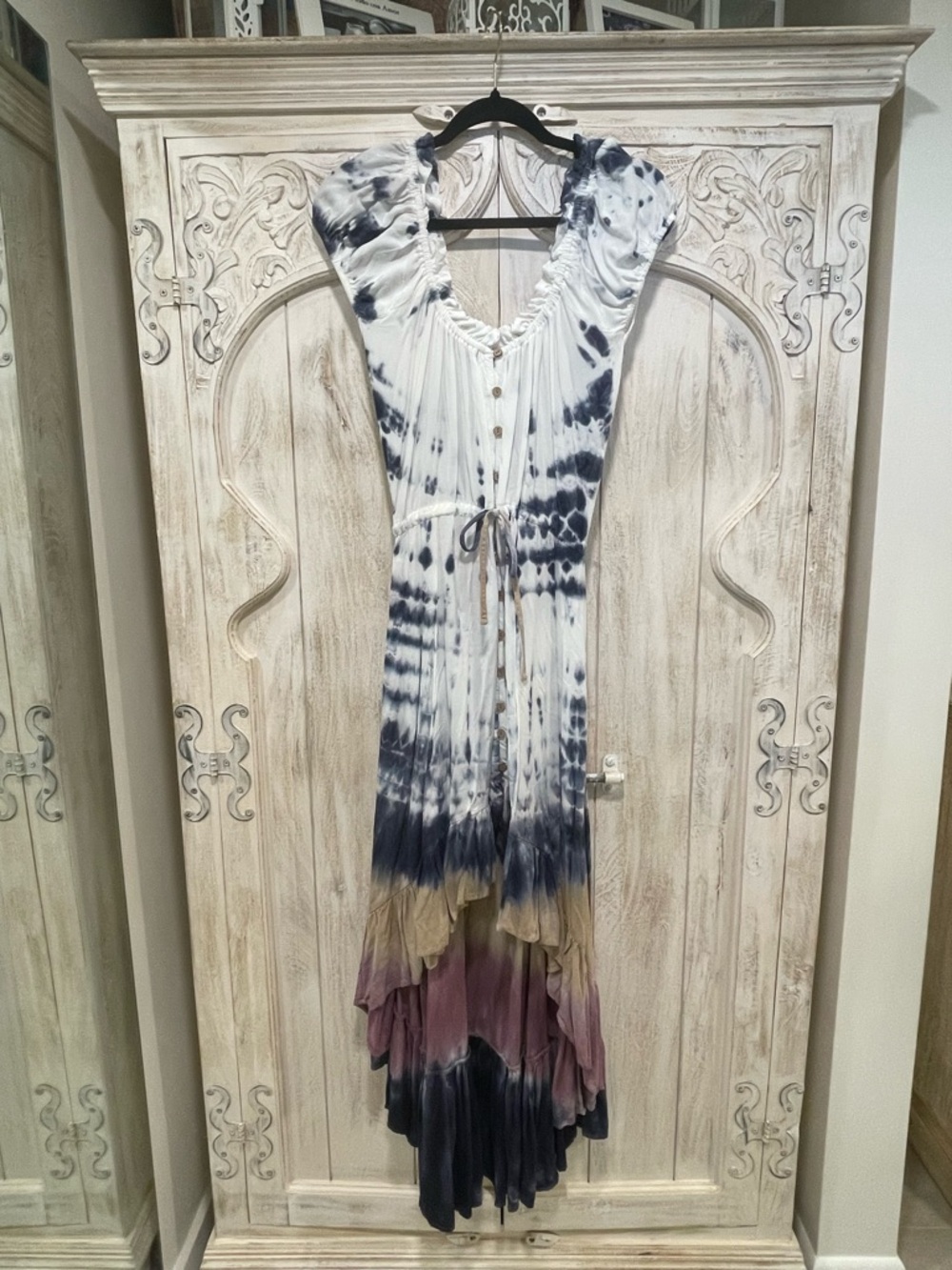 Tie-Dye Boho Maxi Dress in White, Navy, Cream & Mauve